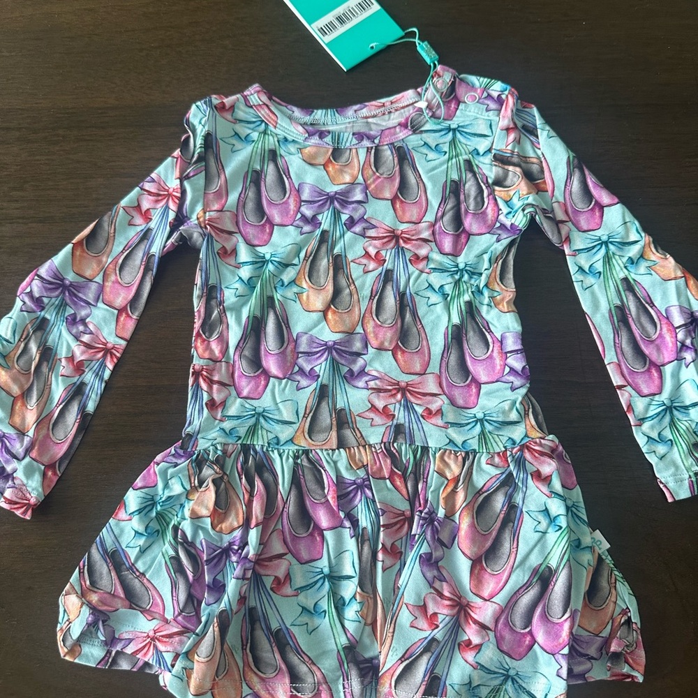 Posh Peanut Aqua Ballet Flats Print Long Sleeve Twirl Dress